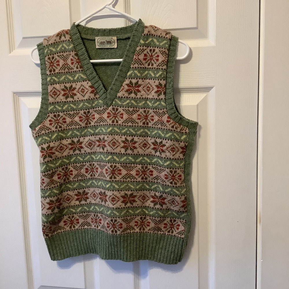 Cassidy Shetland Wool Fair Isle Sweater Vest Green Nordic Cottagecore V Neck - Picture 5 of 7